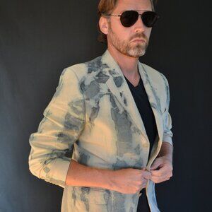 NEW linen Blazer tie dyed gray tan khaki green beige med large camo cowboy 40 42